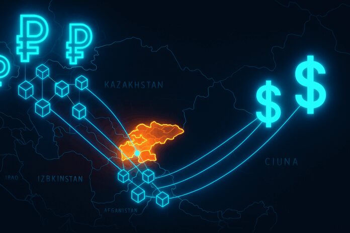 Stylized map of Central Asia with blockchain nodes funneling ruble symbols through Kyrgyzstan toward offshore dollar signs.