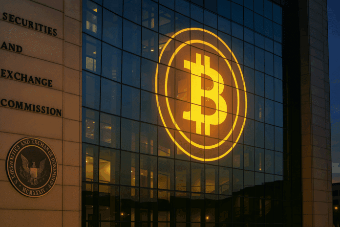 Facade of the U.S. SEC headquarters with a glowing Bitcoin symbol projected across its glass panels at dusk, conveying Grayscale’s stealth IPO bid