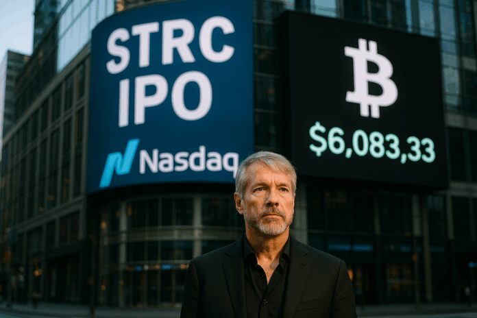 Michael Saylor outside Nasdaq tower, “STRC IPO” banner beside live Bitcoin price ticker.