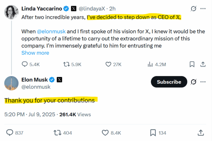 X CEO Linda Yaccarino announced her resignation on X with a short answer from Elon Musk