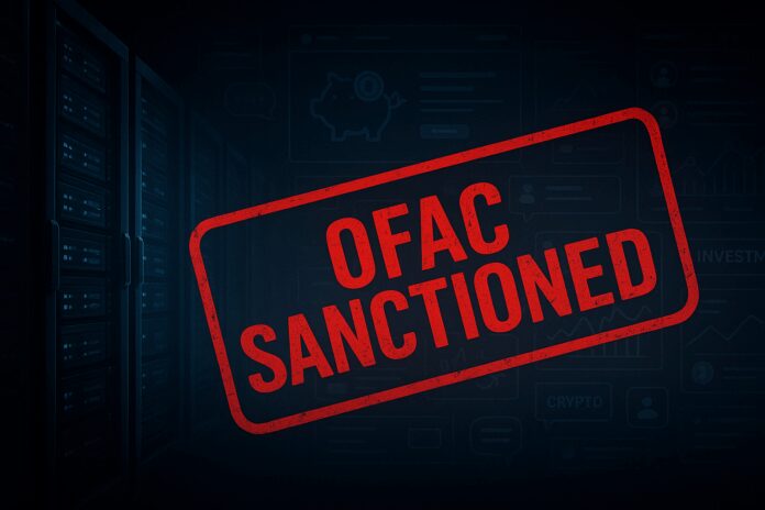 Dark datacenter rack fading into outlines of pig-butchering scam websites, overlaid with OFAC sanction stamp.