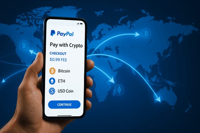 Smartphone displaying PayPal crypto checkout over world map signifying cheaper global payments.