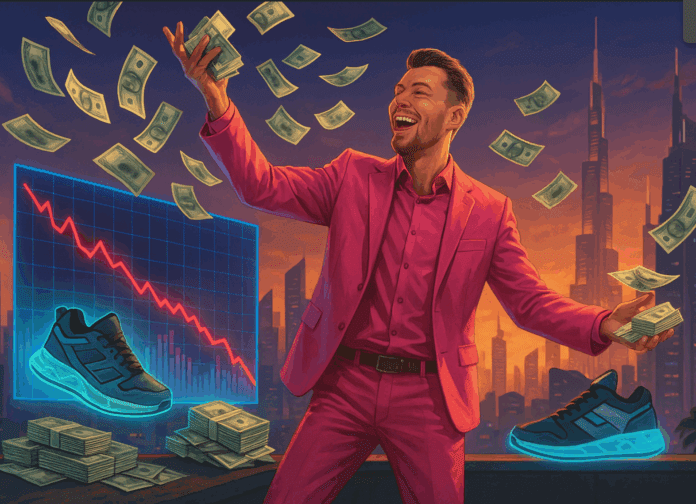 Bright-pink-suited influencer in Dubai tossing wads of bogus dollars over NFT sneakers and crashing token charts—symbolising the AMAZY fraud