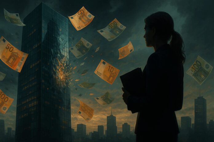 Dramatic banner showing shattered skyscraper, swirling euro banknotes and a silhouetted businesswoman amid storm clouds—symbolising the professional gatekeeper at the centre of the Signa scandal.