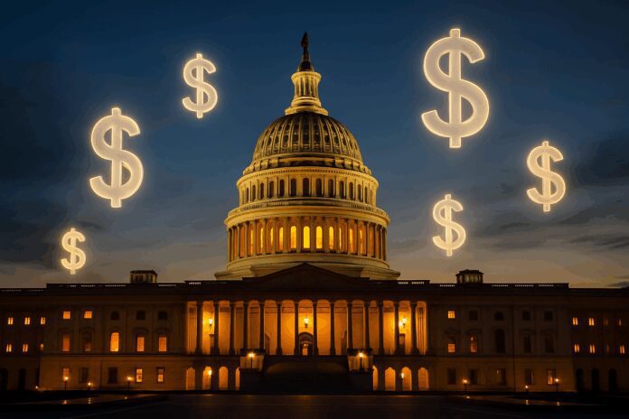 U.S. Capitol illuminated at dusk with digital dollar symbols hovering above over passing stablecoin legislation