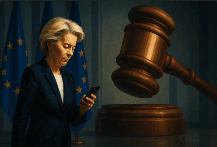 Ursula von der Leyen walking past EU flags, smartphone in hand, as a giant gavel looms in the background symbolising the court ruling