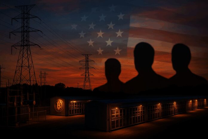 Bitcoin mine substation at dusk with U.S. flag motif and silhouetted political figures.