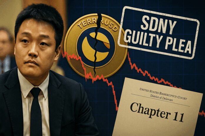 Courtroom collage of Do Kwon alongside a broken TerraUSD coin and a falling LUNA price chart, with a Chapter 11 docket stamp and ‘SDNY Guilty Plea’ overlay.