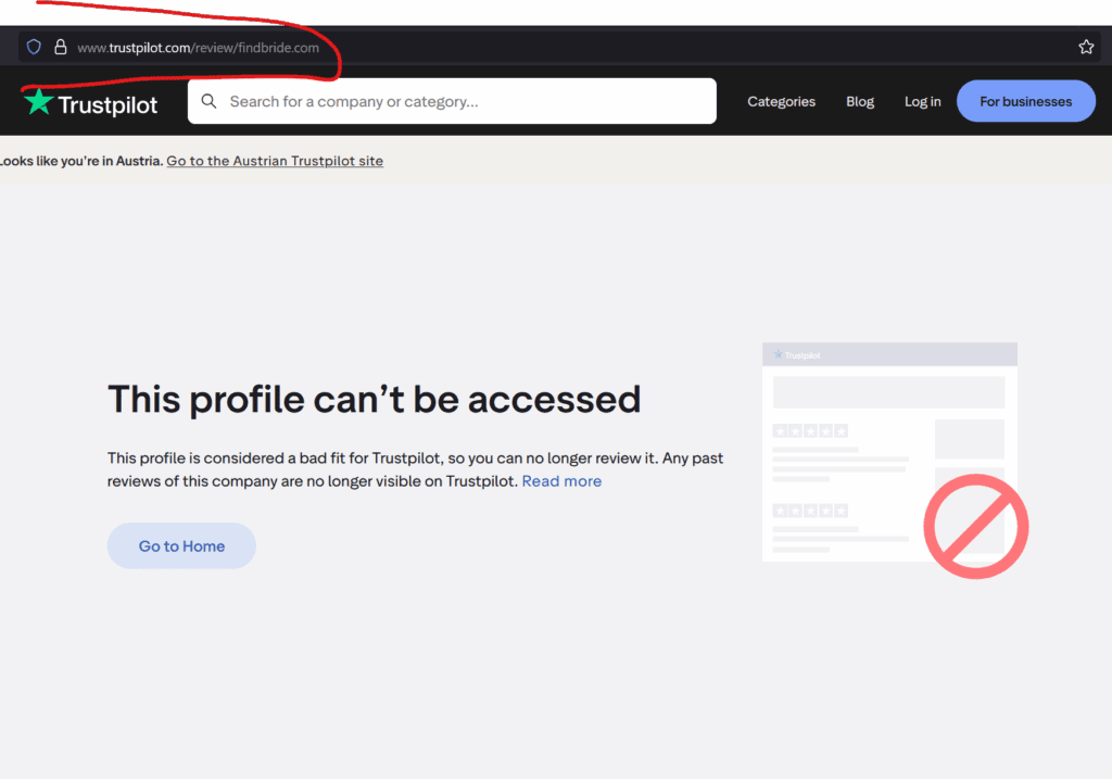 Trustpilot finds Findbride.com aa bad fit for its platform