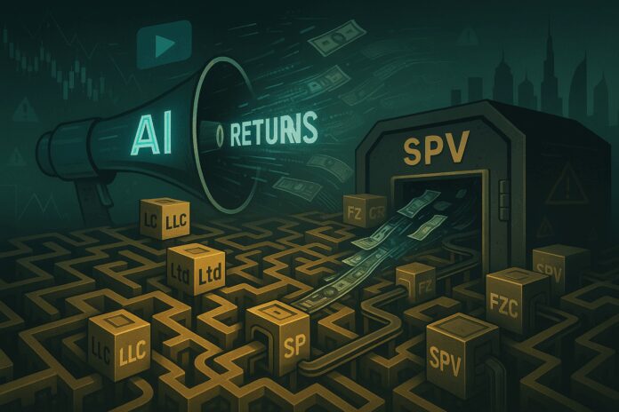 A maze of shell-company cubes feeds into a dark SPV vault while a social-media megaphone blasts “AI returns,” symbolizing an opaque fundraising funnel.
