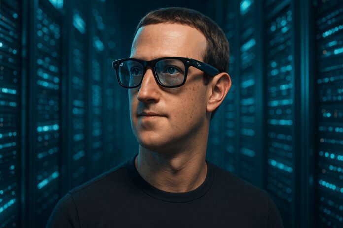 Mark Zuckerberg wearing Ray-Ban Meta smart-glasses against a background of data-center racks symbolizing AI super-clusters