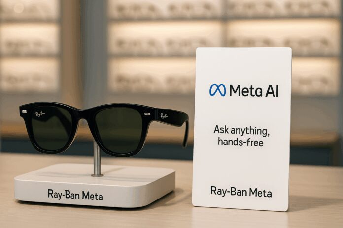 Ray-Ban Meta smart glasses on a retail display beside a Meta AI prompt card, signaling the fashion-meets-AI pivot.