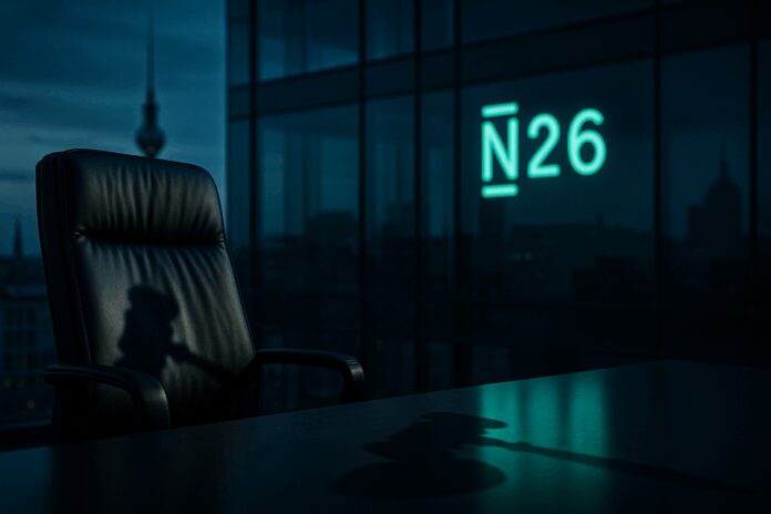 Berlin fintech headquarters at dusk with an empty CEO chair in the foreground; shadow of a regulator’s gavel cast across neon ‘N26’ signage—symbolizing investor pressure and BaFin scrutiny.