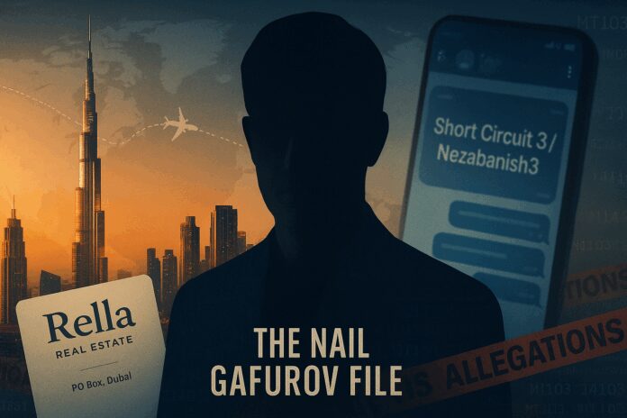 Portrait collage of Nail Gafurov with Dubai skyline, a Rella business card, and a blurred Telegram interface labeled ‘Short Circuit 3 / Nezabanish3’—symbolizing alleged investor losses and cross-border flight.