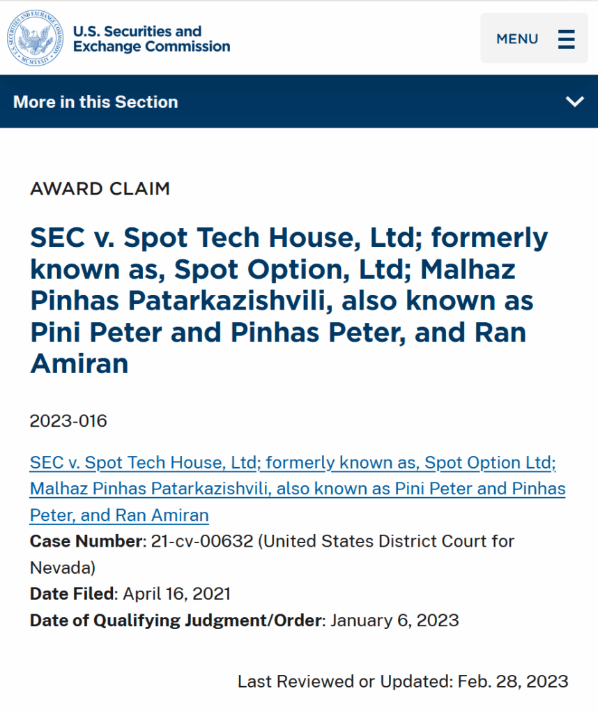SEC enforcement actions against Spot Option and Pini Peter