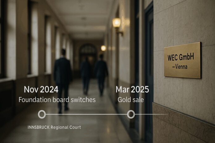 Courtroom corridor at the Innsbruck Regional Court with blurred figures; overlaid timeline pins marking Nov 2024 (foundation board switches) and Mar 2025 (gold sale); a discreet ‘WEC GmbH – Vienna’ placard in the background, symbolizing the network dimension.