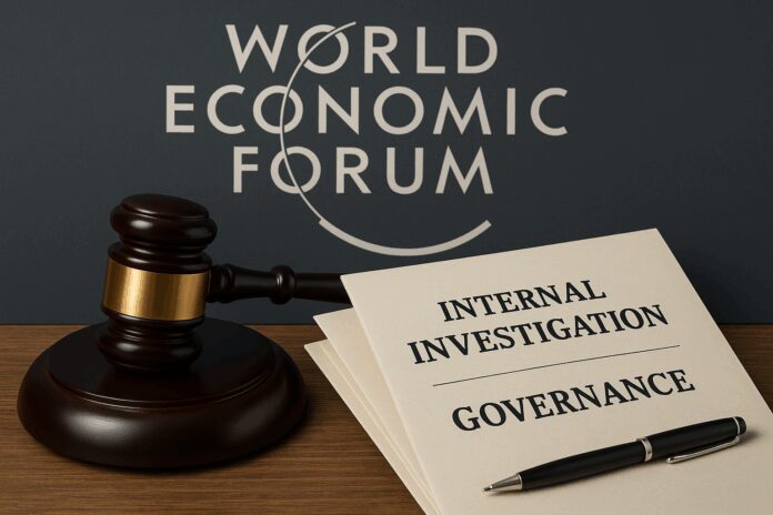 World Economic Forum headquarters style backdrop with a gavel and governance documents—symbolizing an internal investigation concluding with ‘no material wrongdoing’ and a leadership reset.