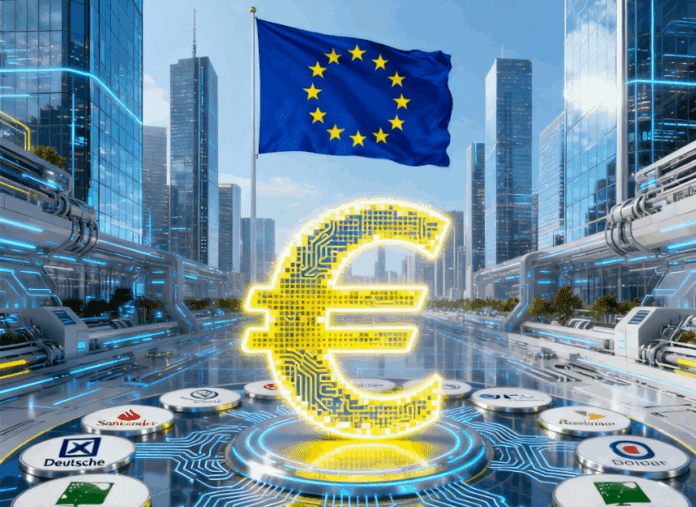 Landscape format image showing European flag with digital euro symbols and bank logos, representing the consortium's collaborative approach to digital currency innovation in Europe