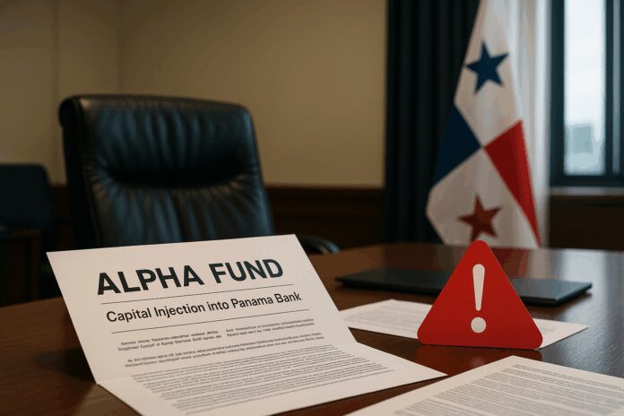 oardroom scene with documents referencing “Alpha Fund,” a Panama flag in the background, and a red alert signifying suspicious cross-border finance.
