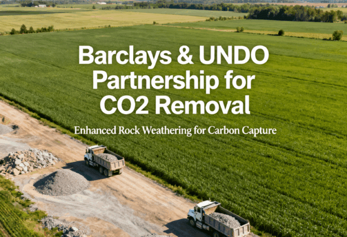 Aerial view of farmland in Ontario, Canada, showing broad fields and gravel trucks—symbolizing Barclays' partnership with UNDO to remove CO₂ through enhanced rock weathering