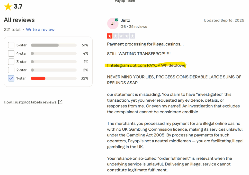 PayOp received 32% 1-star reveiw aon Trustpilot