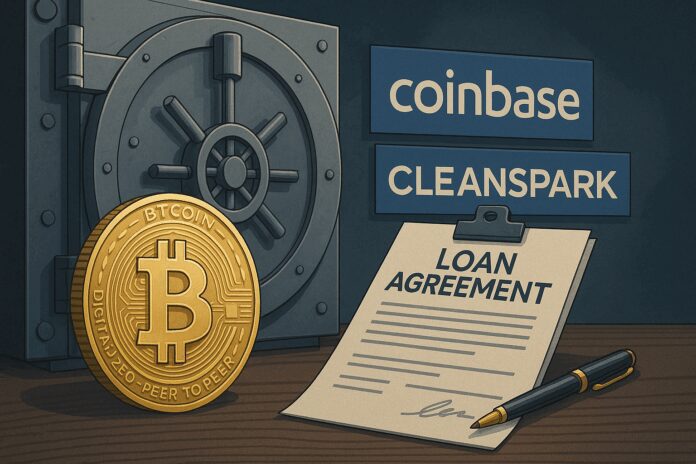Bitcoin-backed loan concept illustration with institutional finance symbolism—digital vault, BTC coin, and credit agreement.