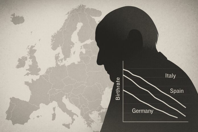 A grayscale map of Europe fading into an elderly silhouette, with birthrate graphs declining sharply across key nations.