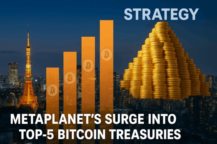 Metaplanet’s surge into Top-5 Bitcoin treasuries—Tokyo skyline overlaid with rising BTC ledger bars; Strategy’s mountain-sized stack looming in the background