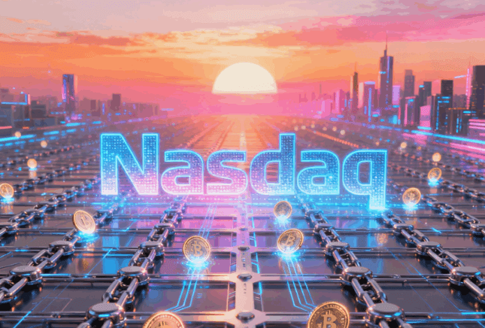 Nasdaq logo transforming into digital tokens across a blockchain grid – illustrating the dawn of tokenized securities and the future of finance.