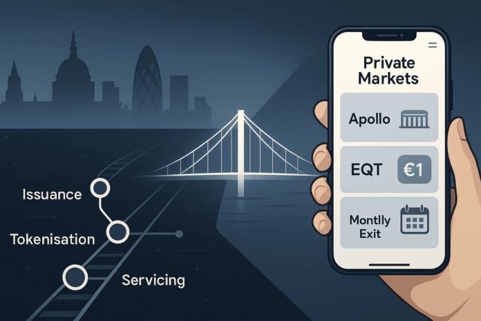 Two tracks into private markets: left, LSEG’s DLT ‘railway’ (issuance → tokenisation → servicing, Azure/Workspace); right, a smartphone view of Trade Republic’s Private Markets tiles (from €1, monthly exits); a bridge symbolises infrastructure-to-retail convergence.