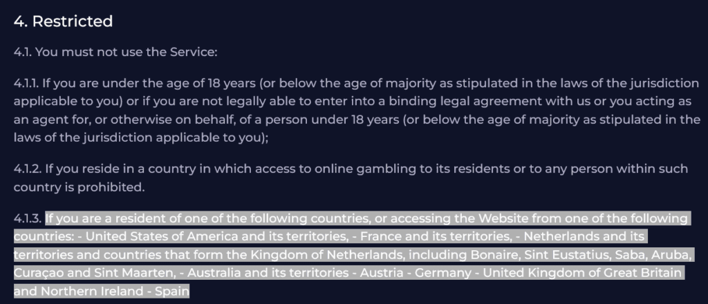 Rainbet terms with resricted countries