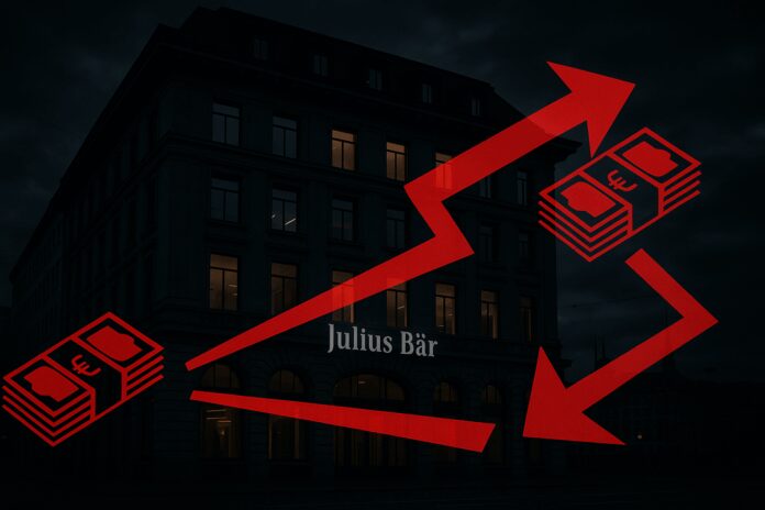 A dramatic, shadowy shot of the Julius Bär headquarters in Zürich (or a generic high‑end Swiss private bank façade), overlaid with red graphical “arrows” tracing fund flows or depicting money transfers.
