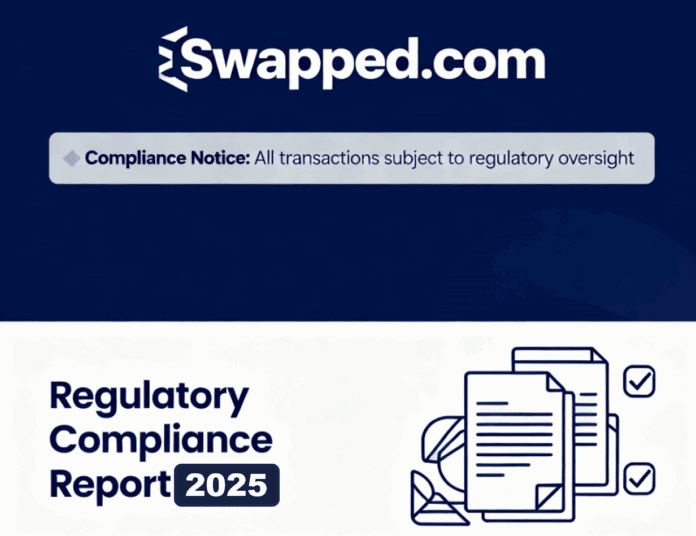 Swapped.com logo with a compliance warning overlay – highlighting FinTelegram’s analysis of regulatory and AML violations in crypto payment processing.