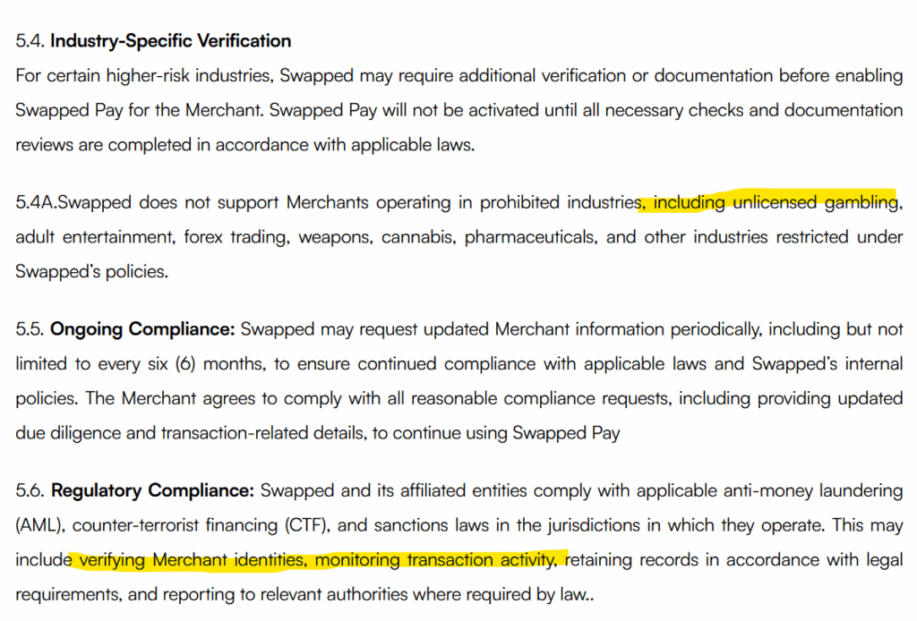 Swapped Termsof Servics for merchants prohibit inlicensed gambling