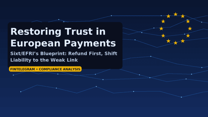 European payment rails visual: EU twelve‑star circle over abstract blue circuitry lines; headline ‘Restoring Trust in European Payments’ with FinTelegram compliance label.