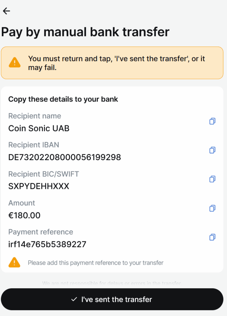 Payment screen with Coin Sonic