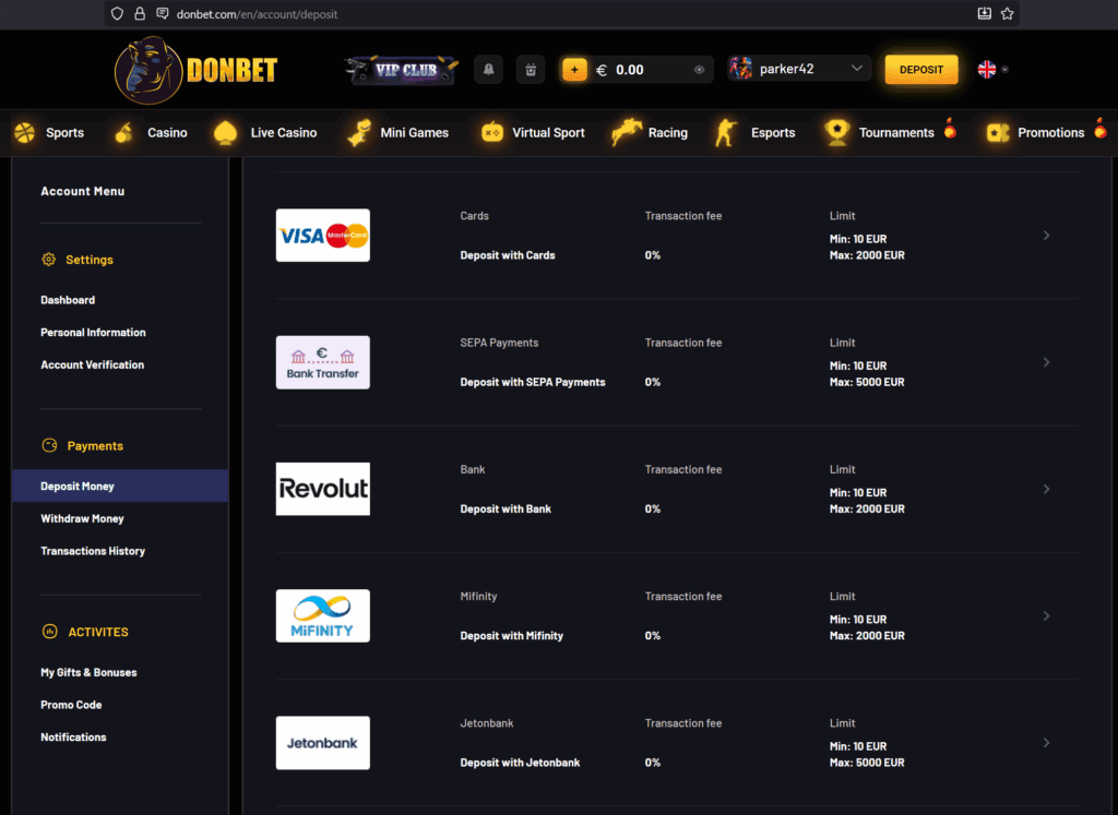 Donbet payments page with Revolut