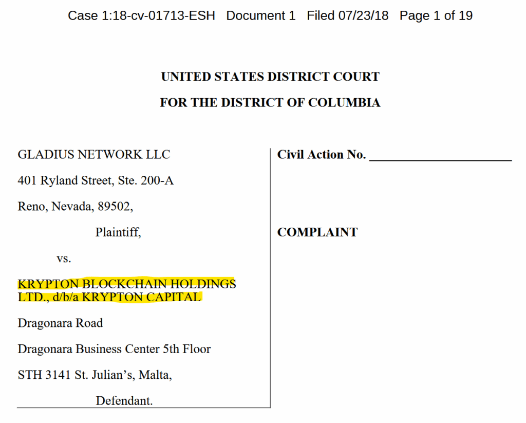 Lawsuit Gladius Network v. Krypton Capital