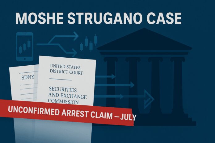 Moshe Strugano case — Athens courthouse silhouette; overlay of SEC/SDNY dockets and binary-options money-flow arrows; ‘Unconfirmed Arrest Claim — July’ ribbon
