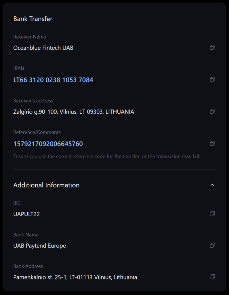 Oceanblue Fintech is a payment facilitator for the crypto exchange MEXC