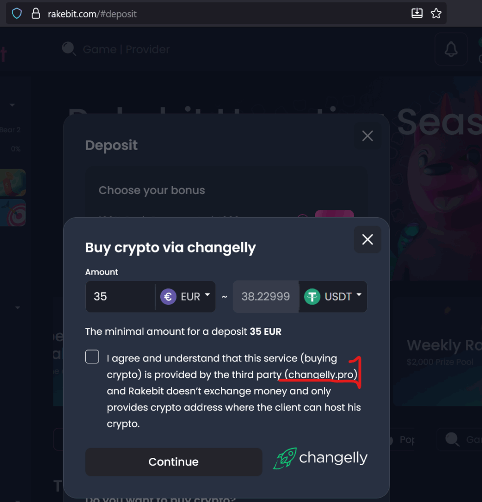No-KYC crypto casino RakeBit with changelly.pro fake crypto service provider