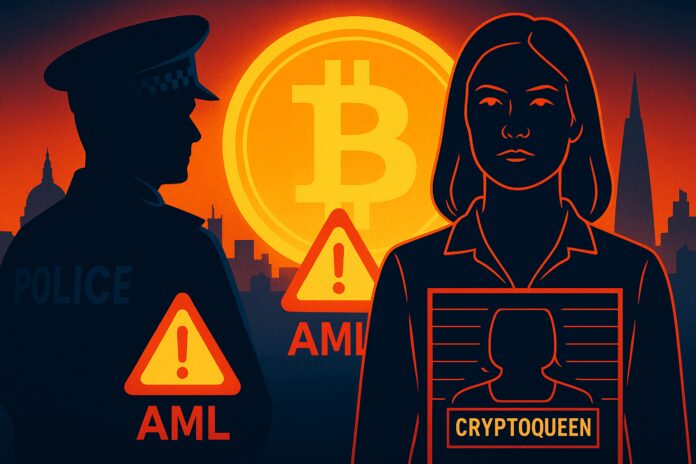 Police silhouette in front of a glowing bitcoin symbol and London skyline, overlaid with red AML warning icons and a mugshot-style outline of a woman labelled ‘Cryptoqueen’