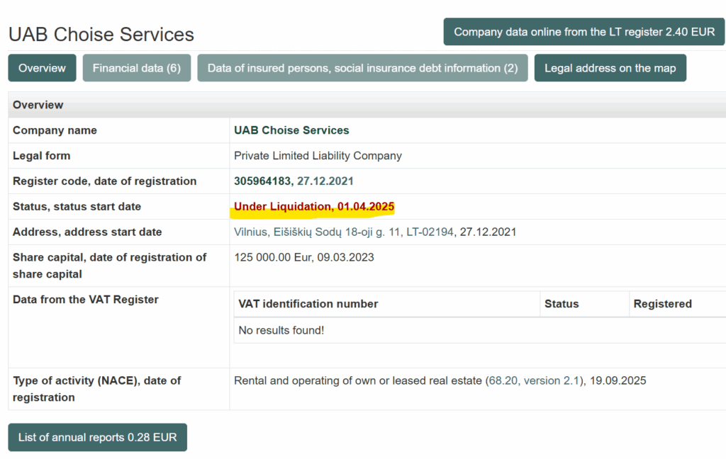 Choice Services UAB as the operator of the Choise crypto scheme is in Lquidation