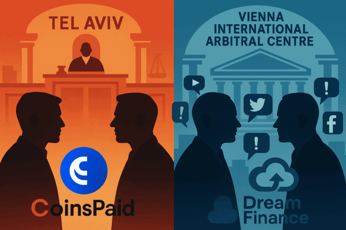 Split-screen illustration of a Tel Aviv courtroom and the Vienna International Arbitral Centre, with CoinsPaid/Dream Finance stakeholder silhouettes facing each other and social-media icons symbolising a raging online smear campaign.