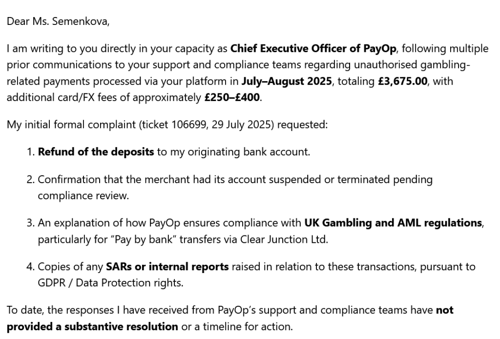 Customer complaint to PayOp CEO Anastasia Semenkova