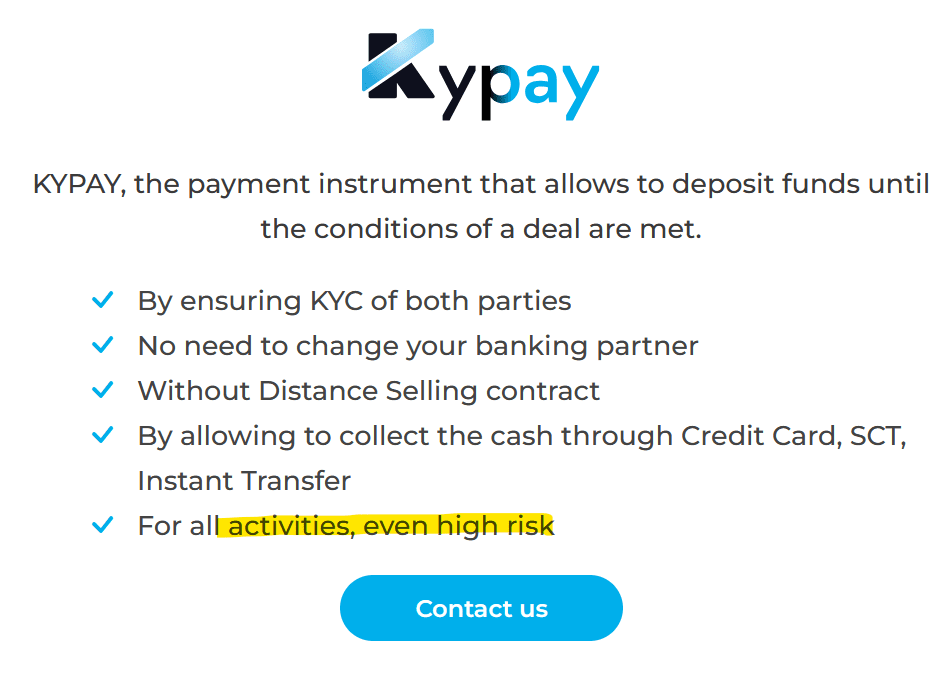Kypay payment instrument for high-risk activities