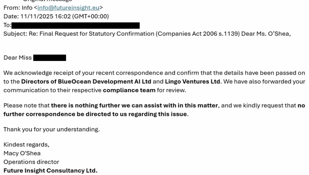 Email from Macy O'Shea of Future Insight Consultancy