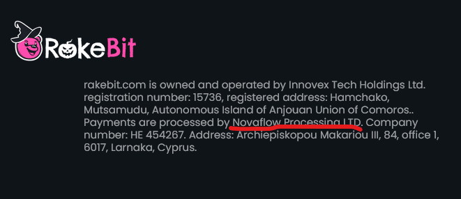 Illegal crypto casino RakeBit operated by Innovex Tech Holdings with Novaflow Processing as its payment agent in Cyprus