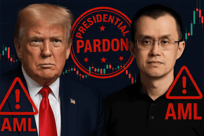Donald Trump and Changpeng ‘CZ’ Zhao in a split-screen montage, overlaid with a presidential pardon stamp, crypto exchange charts and red AML warning icons