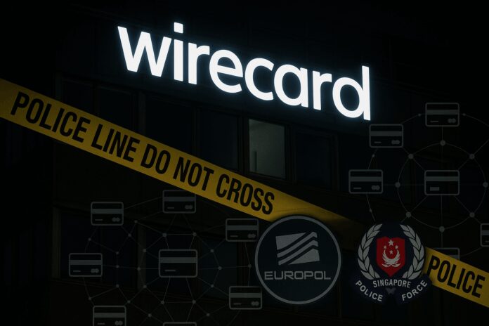Night-time view of the Wirecard logo on a building, overlaid with police tape, Europol and Singapore Police badges, and a network of credit-card icons symbolising Operation Chargeback’s global fraud crackdown.